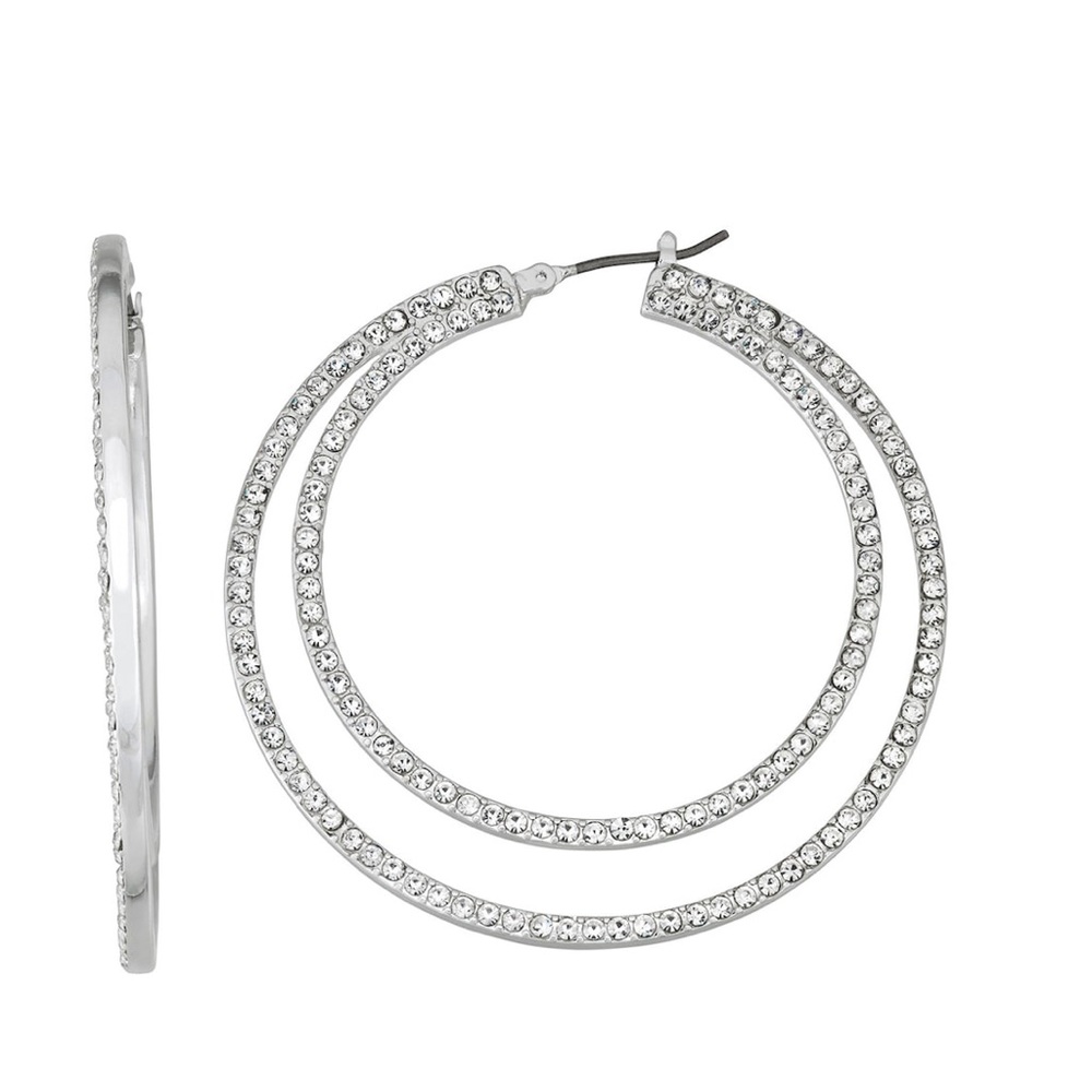 Nine West Silver Tone Pave Double Hoop Earrings